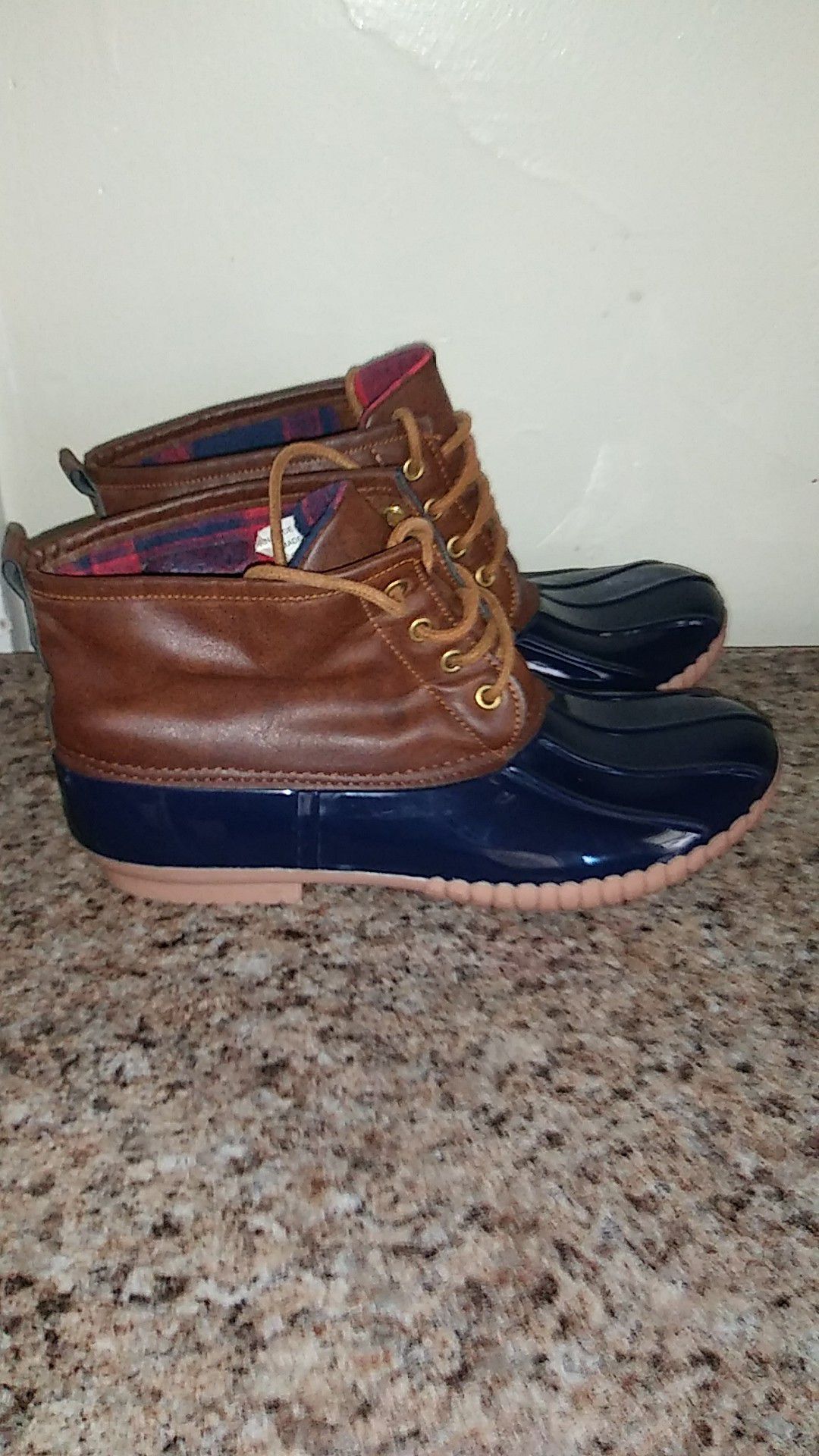 Women's dark blue and brown rain boots woman size 8