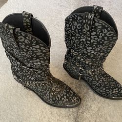 Shyanne PALOMA Black Leo Print Leather Round Toe Western Boots Womens Size 8.5 M