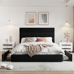 Modern Queen Size Platform Bed Frame with 4 Storage Drawers and Velvet Upholstered Headboard, Wooden Slats Support, Upholstered Mattress Foundation/No