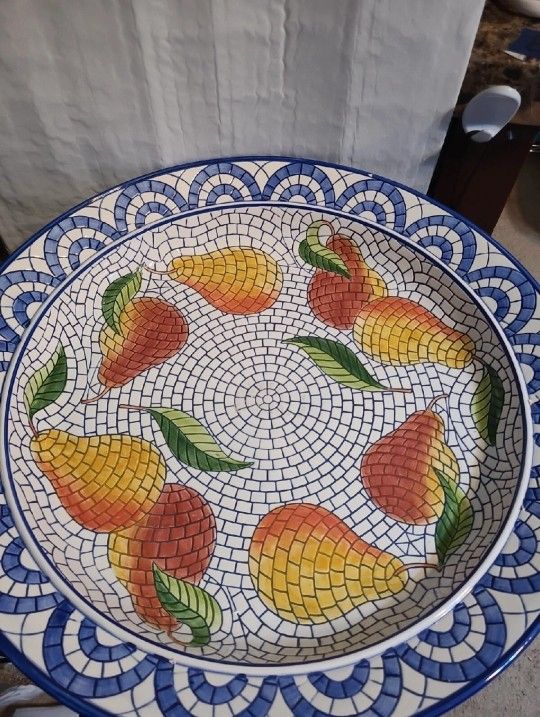 Clay Art Mosaic Pear Orange Yellow Pears Blue Trim White Shallow Bowl / Platter