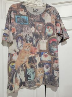 Vintage Lost Gods Shirt Mens Small Cats All Over Print Short Sleeve Crew Neck Art 90s