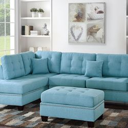 Brand New Blue Linen Reversible Sectional + Ottoman