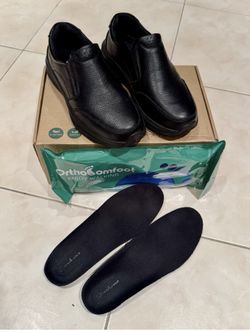 Orthocomfoot Black Leather Men Walking Shoes/Adjustable Fit Slip-On Loafer - Size 42