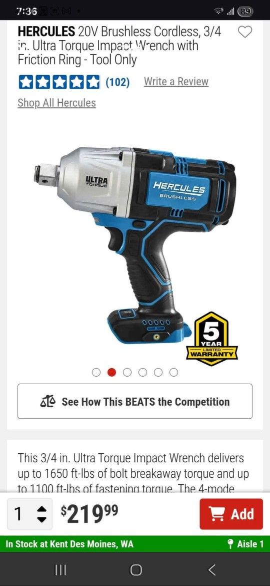 Hercules 20v 3/4in Ultra Torque Impact Wrench