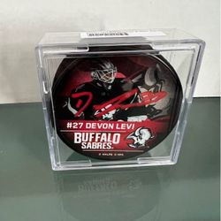 Devon Levi Autographed Buffalo Sabres Picture Hockey Puck 