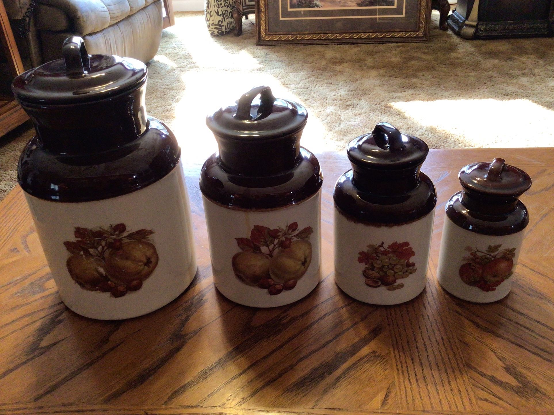 FOUR Vintage McCoy Pottery Canister Set Fruit Festival Design Milk Can Shapes .