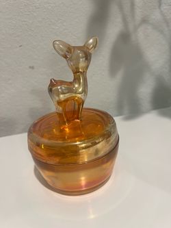 Gorgeous Jeannette Marigold Iridescent Bambi Figural Glass Powder Jar