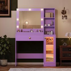 Makeup Vanity with Mirror and Lights, 34'' Wide Dressing Table with Charging Station & RGB Glass Cabinet, Small Vanity Desk with 3 Color Lighting Mode
