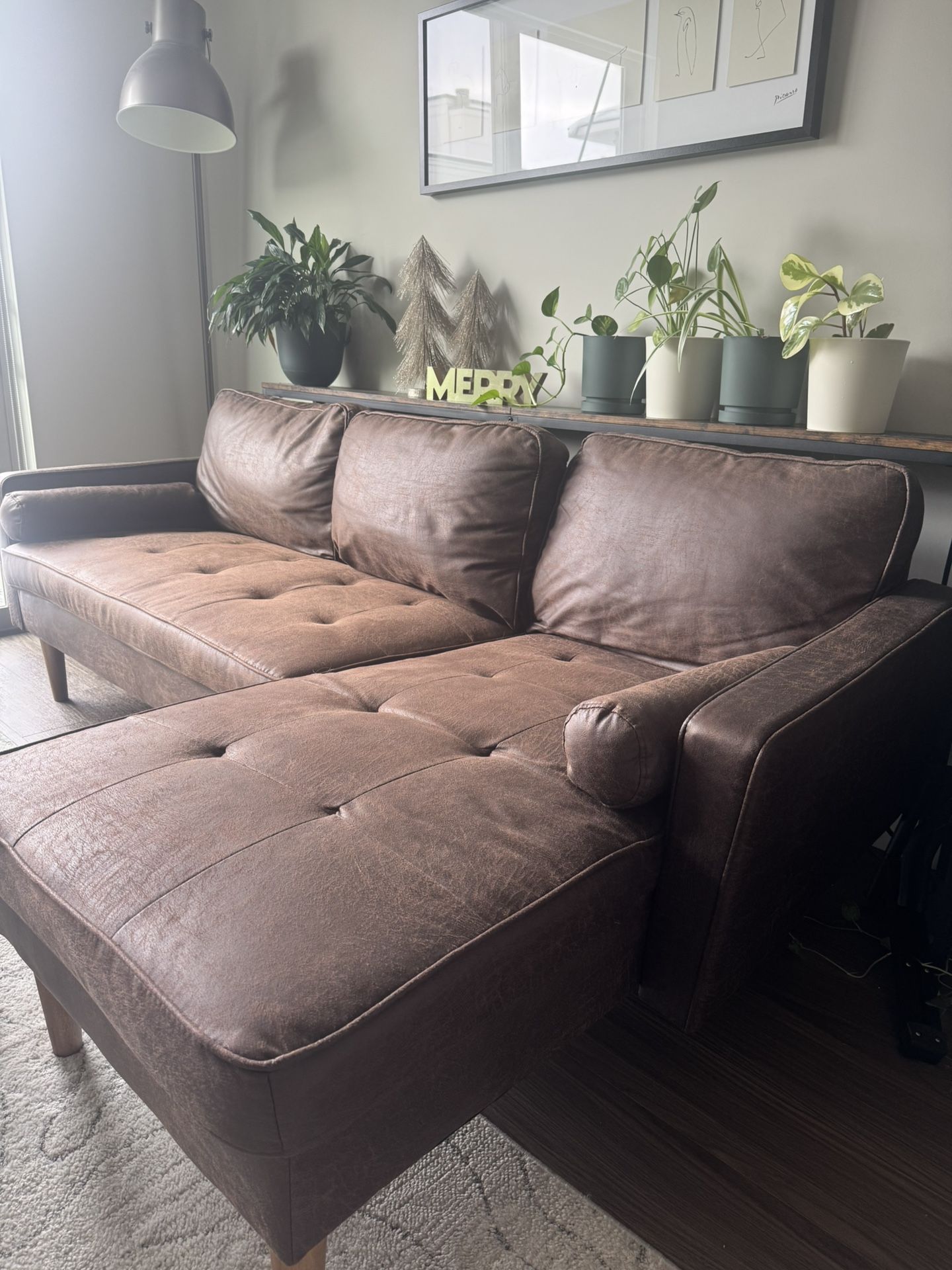 L-Shaped Couch with Chaise, Mid-Century Suede Fabric