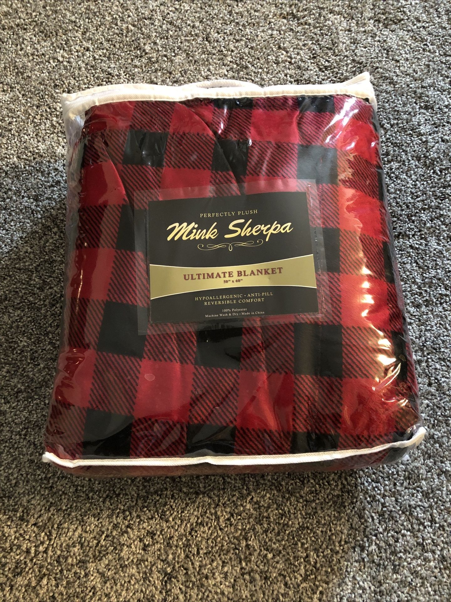Mink Sherpa Ultimate Blanket, Red & Black Plaid - 50” X 60”, NEW