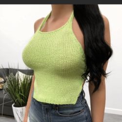 NEW WITH TAGS 🏷  Laura’s Boutique -lime Crochet Halter Backless Crop Top 