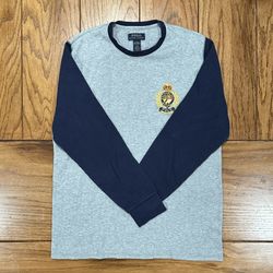 🐎 Gray Navy PONY Mens LARGE Ralph Lauren POLO Long Sleeve Thermal Style Vintage Dress Crew Shirt