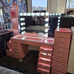 Pink Vanity 13 Drawers LIGHT inside Desk & Drawers $899