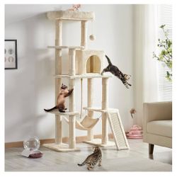 Cat Tree, 63 Inches Multi-Level Indoor Cat Play Structure with Scratching Posts, Hammock, and Dangling Ball