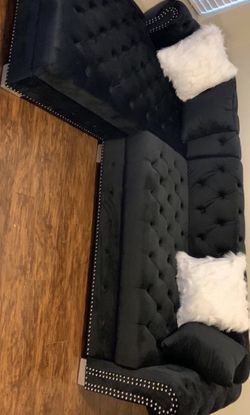 Stationary Fabric Royal Black Velvet RAF Sectional ✔️Living room set & couch