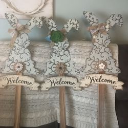 Metal and wood Welcome rabbits for outside: three different styles $8 each