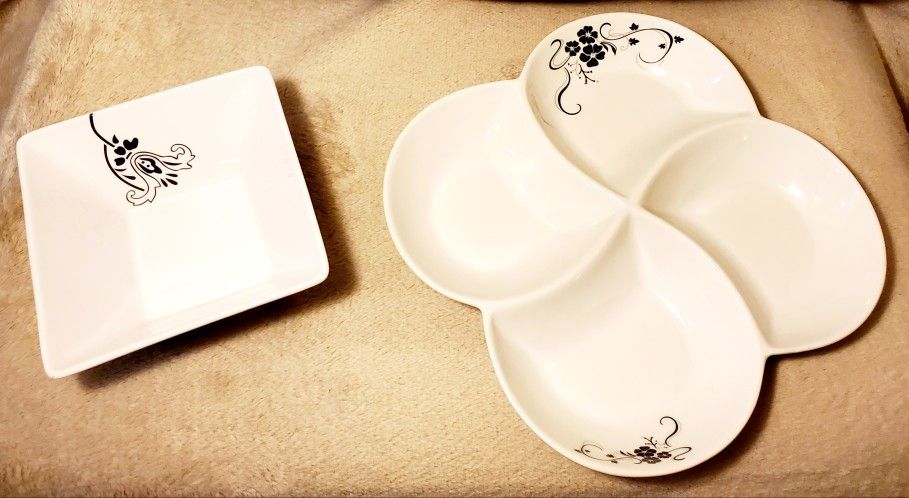 2 PC Sectioned|Divided Serving Platter|Tray & Bowl With Black Floral Design