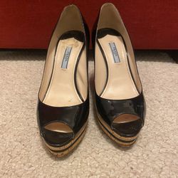Prada Peep Toe Patent Leather Wedge