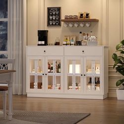 Buffet Cabinet with Storage, 53" White Sideboard Buffet Cabinet with Doors & Drawers, Modern Glass Display Cabinet with LED Light, Console Table for D