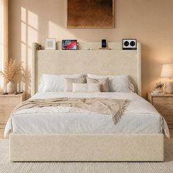 King Size Bed Frame, Chenille Storage Headboard and USB, Greige Chenille Upholstered Platform Bed, Wingback Storage Headboard shelf and Charging Stati