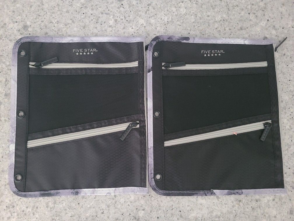 [2x] Five Star Flat Zipper Pencil Pouch 11" x 9" Black/Gray for 3 ring binder