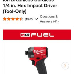 MILWAKEE M18 BRUSHLESS FUEL 1/4" IMPACT DRIVER TOOL ONLY NEW