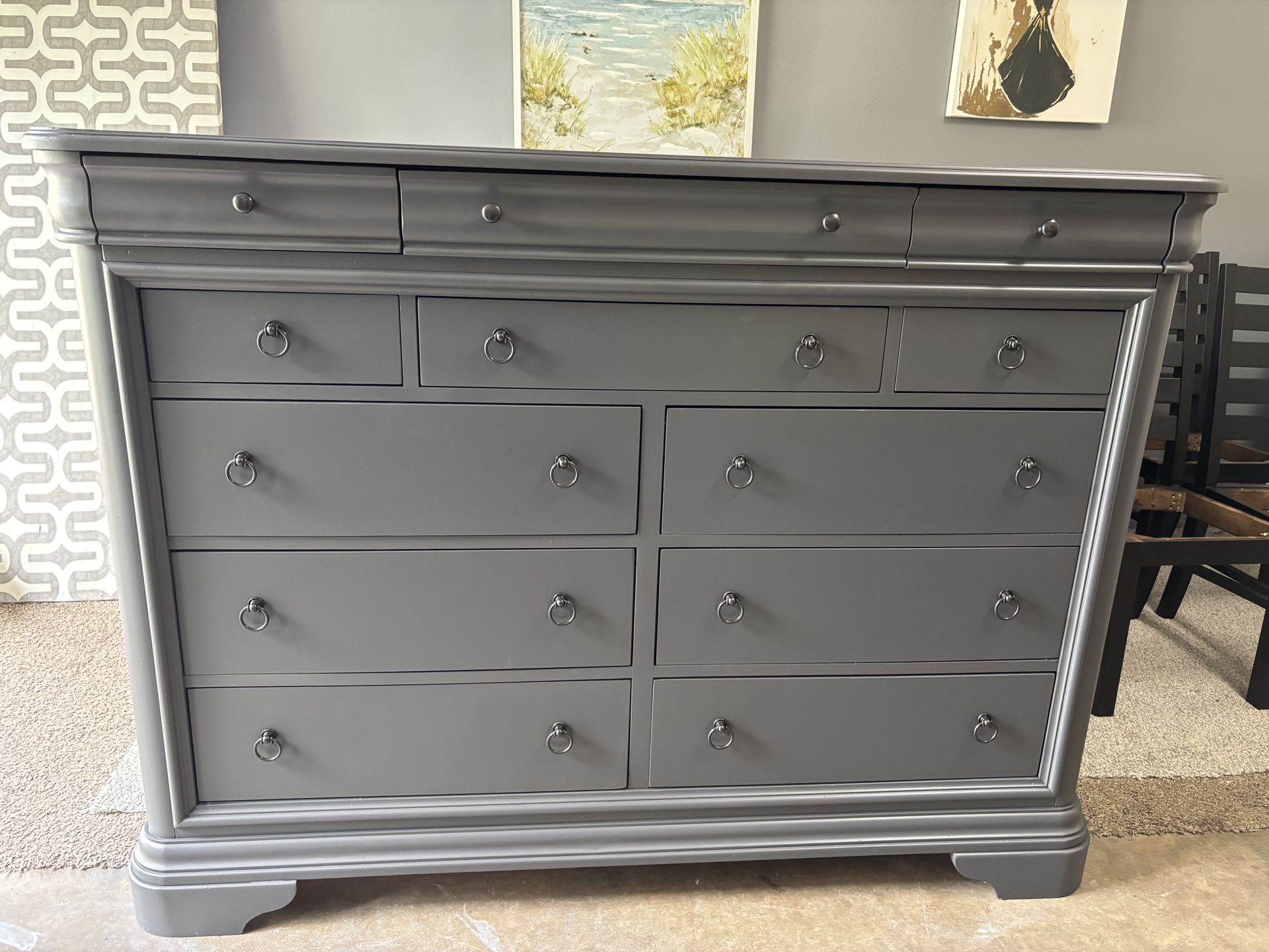 Modern gray dresser no scratches sanded and refinished clean inside new drawer slides 62”w41”h