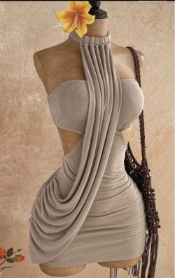 Beige Halter Neck Draped Mini Dress