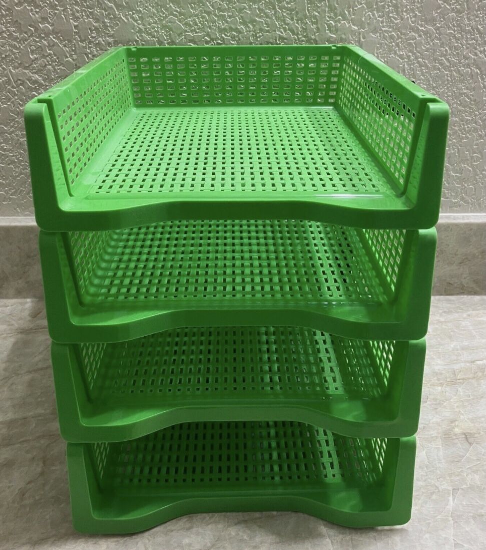 Essentials 4Pc Large Stackable Green Plastic Trays 12” X 9.5” X 3” (L X W X H)