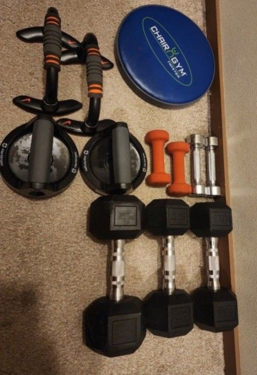 CAP Barbell, 25lb Coated Rubber Hex Dumbbell only one, 20 lb Coated Rubber Hex Dumbell two. All on the pictures cost $100.