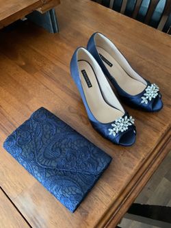 Royal blue Mother of the Bride dress, shoes, purse and earrings