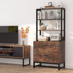 Cindy 2 Drawers Rustic Brown Wood 29.5 in. W Vertical File Cabinet Printer Stand with 4 Shelves Home Office