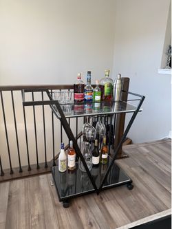 Black Metal Bar Cart with Shelves & Stemware Holder