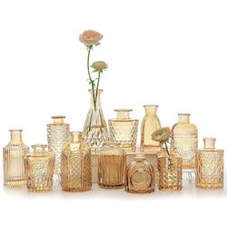 12  Glass Bud Vase Set, Small Gold Amber Flower Vases for Centerpieces in Bulk, Mini Vintage Vase for Wedding, Home,Table Decoration