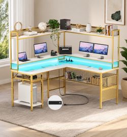 L Shape Computer Desk With Hutch, Shelves For Storage And Monitor Stands