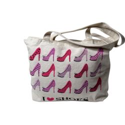 Carefully Chosen canvas tote with playful “I ♥ Shoes” design — roomy, zip-top, and easy everyday carry. 