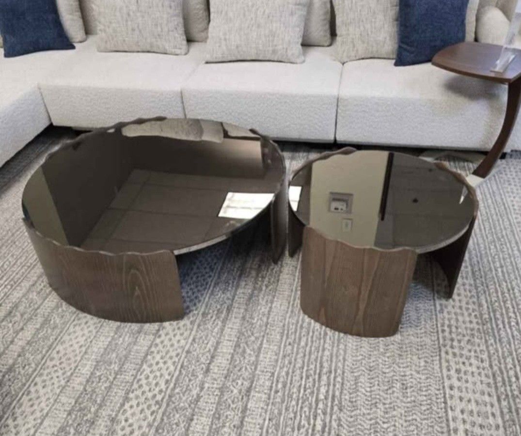 π₯ BRAND NEW β ENZO Coffee Table Set of 2 β Wood + Smoke Glass β $120 π₯