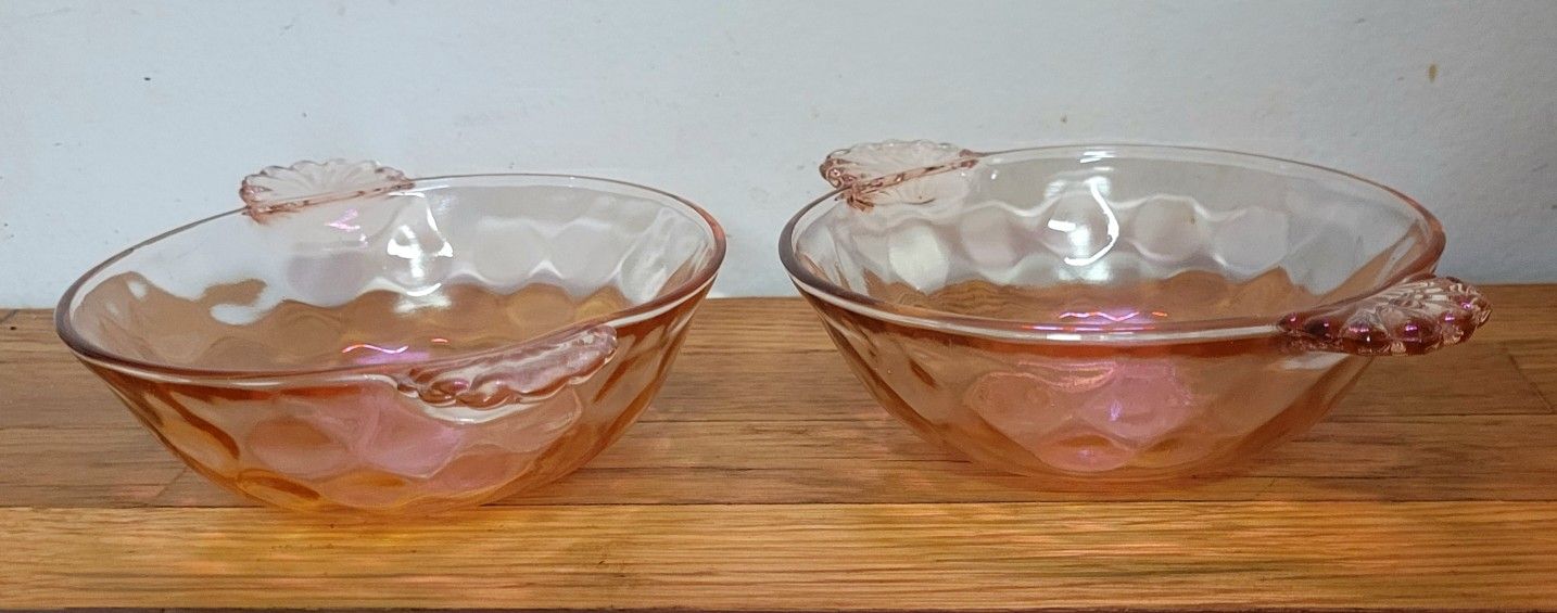 2 Vintage Pink Depression Glass Berry Bowls with Shell Handles w/Center Flower