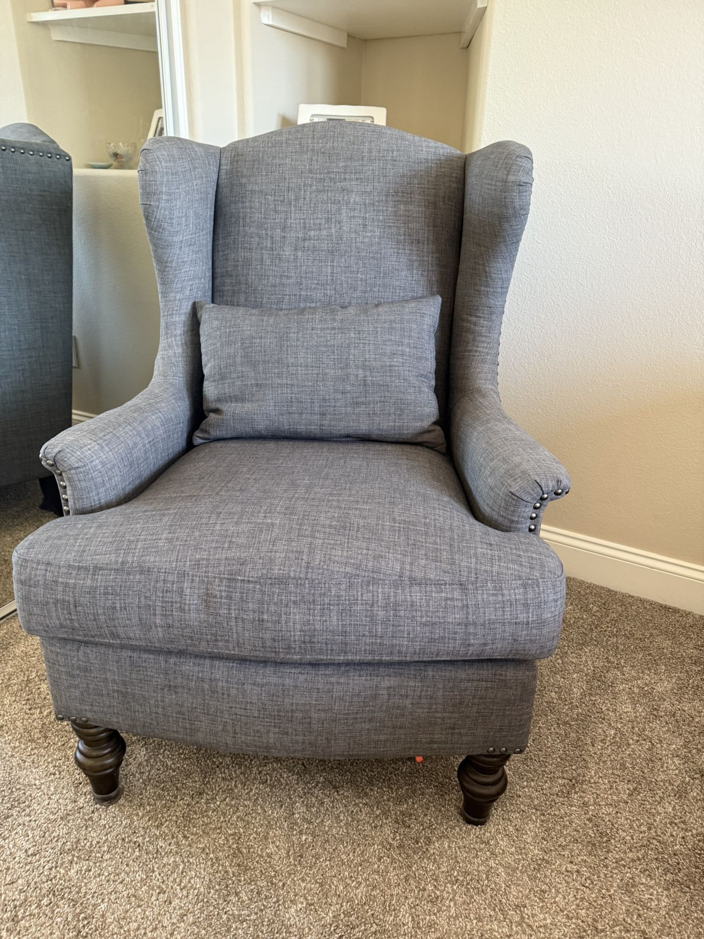 Grayish/Blue Mid-Century Wingback Arm Chair Armchair With One Pillow
