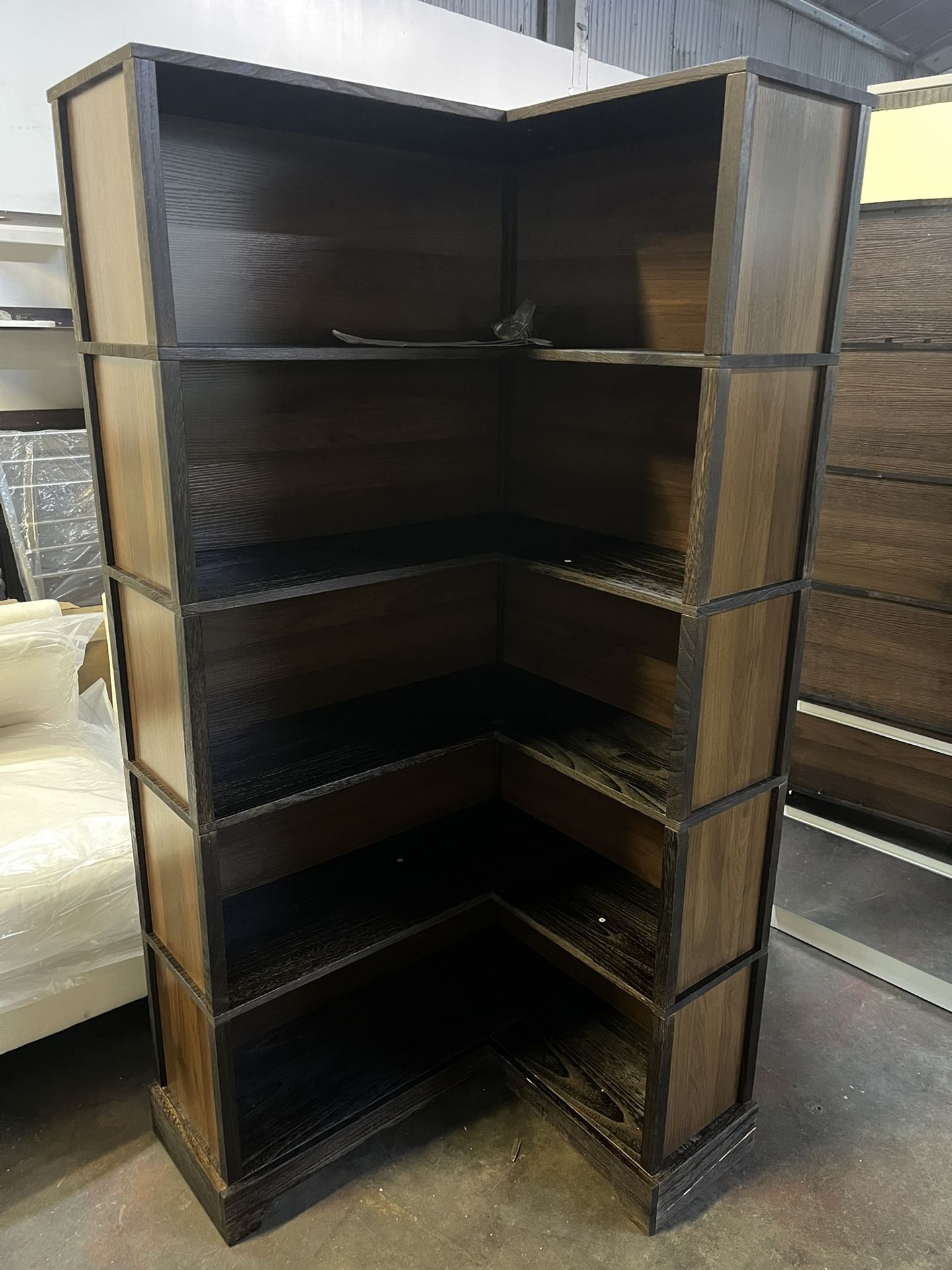 Wood Corner Book Shelf, 5 Tier 65 Inch Tall Bookshelf with Storage, Floor Standing Display Book Shelf for Living Room, Kitchen, Home Office, Antique B