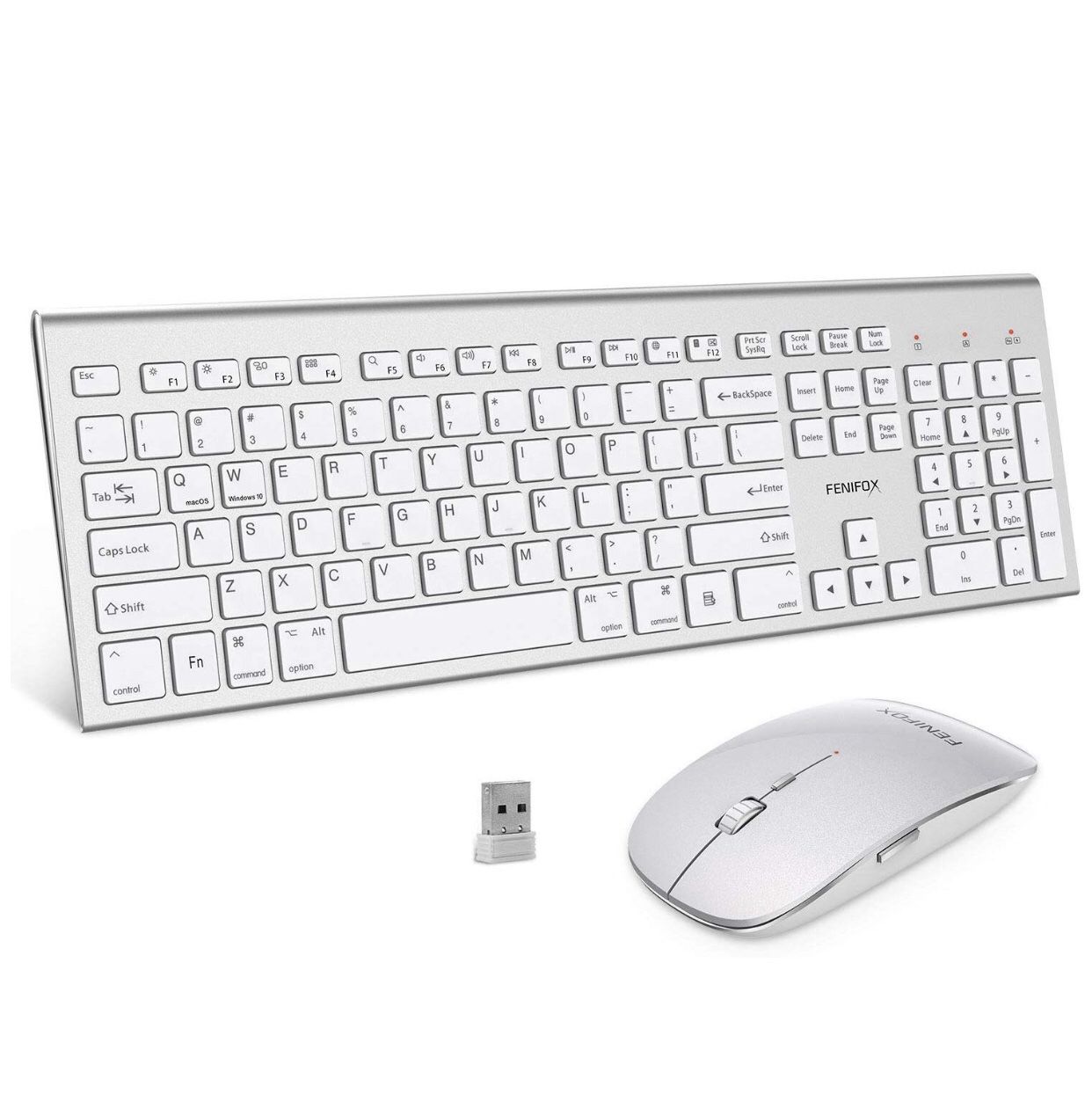 Wireless keyboard and mouse combo, double switching ergonomic system, full size silent USB, compatible with MacOS Windows 10 desktop PC (silver white