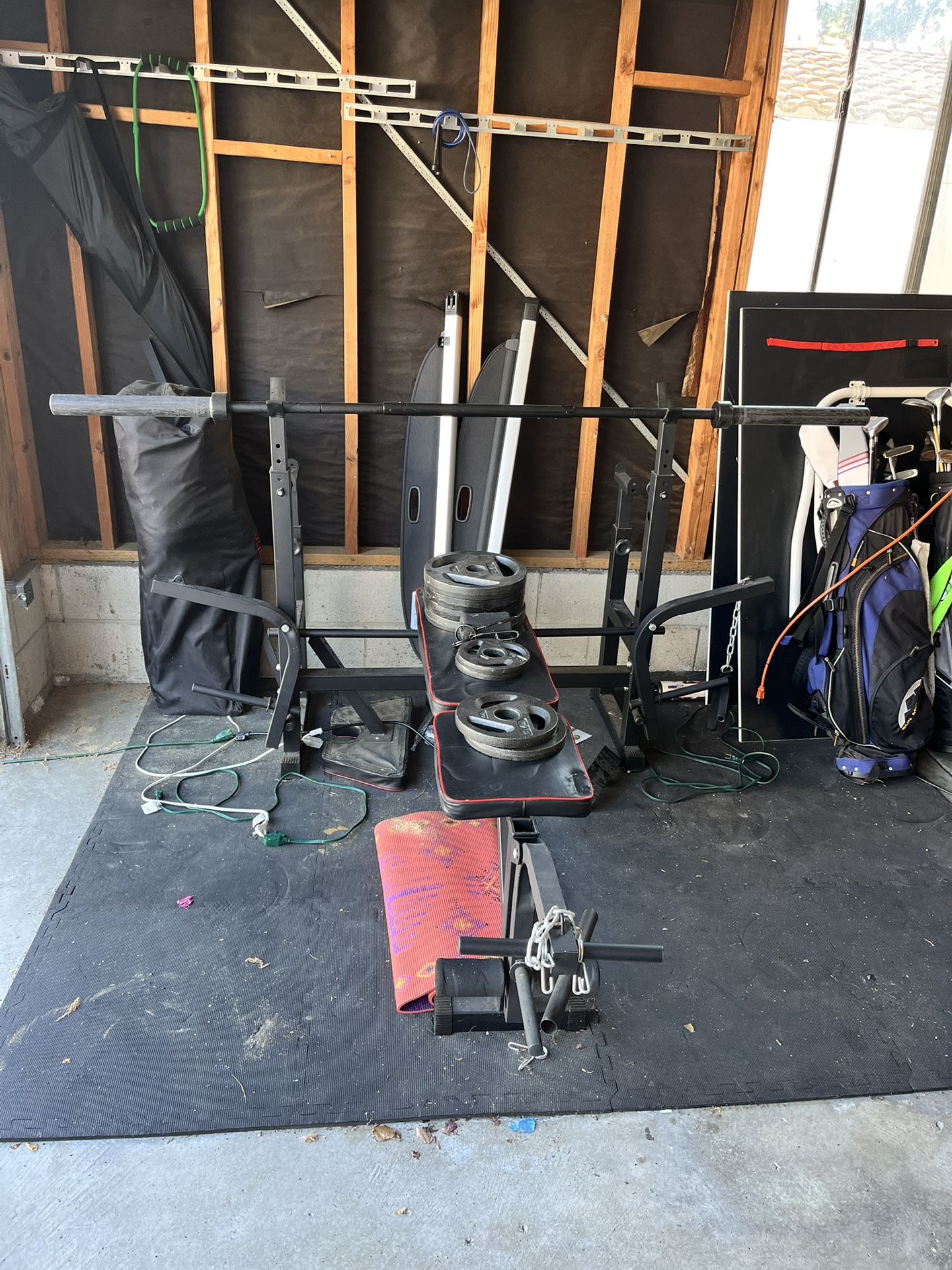 Weight Bench, Bar, Weights And Mats