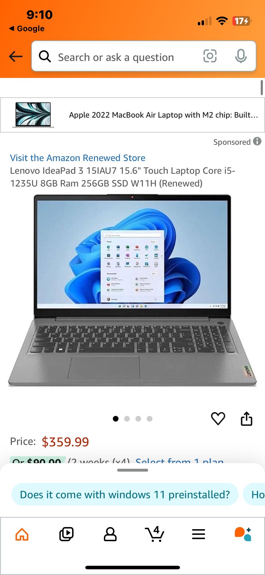 Lenovo IdeaPad 3 15IAU7 15.6" Touch Laptop Core i5-1235U 8GB Ram 256GB SSD W11H 