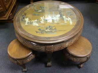 Beautiful Hand-Carved Asian Embossed Jade Table w/ 4 Stools