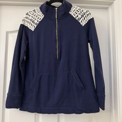 Lilly Pulitzer Navy 1/2 Zip Pullover Sweatshirt w/ White Lace Shoulders — Size S