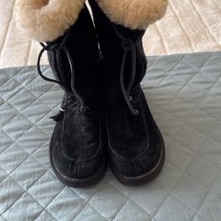 Ugg Australia Knit Black Leather Boot Midcalf Sheepskin Lined Sz 9