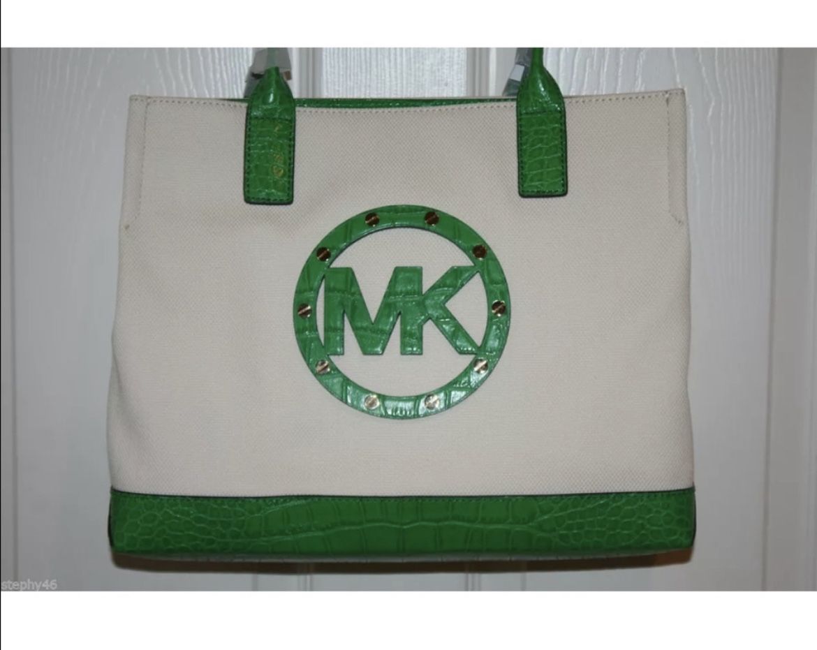 Michael Kors Sutter Palm Green Leather Cream Canvas Large Tote  