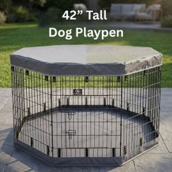 New, 42” Tall Dog Playpen with Cover, 8-Panel Dog Fence with Door