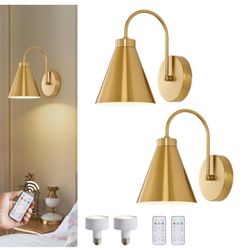 Vintage Cordless Gooseneck Battery Operated Wall Sconces Set of 2, Gold Bedside Battery Powered Wall Decor Lamps with Remote Control, Wireless Indoor