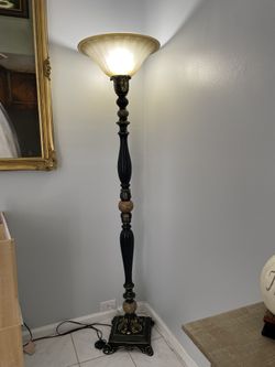 Bronze And Gold Floor Lamp With Foot Switch And Glass Shade